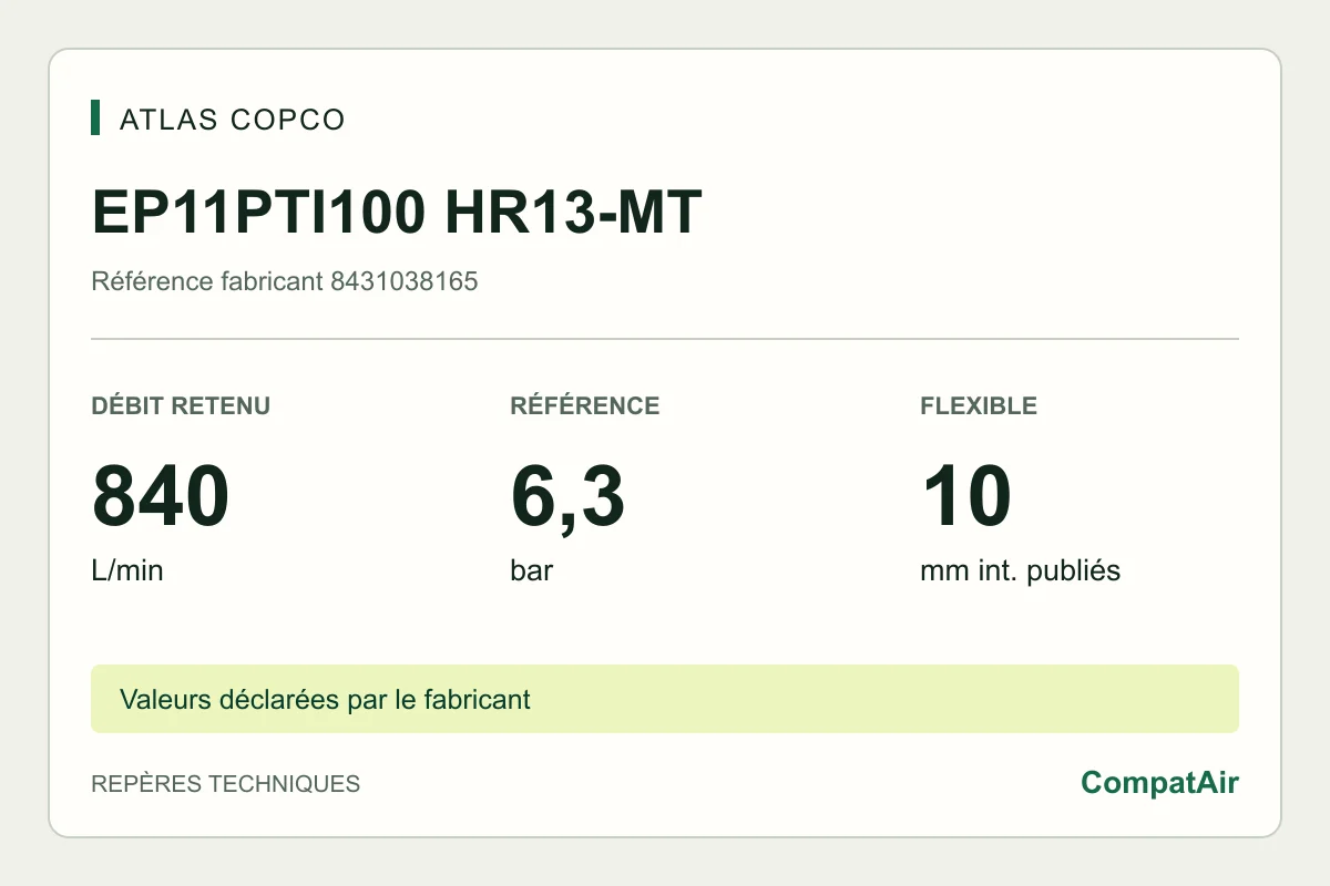 Atlas Copco EP11PTI100 HR13-MT, référence 8431038165 : 840 L/min en charge, référence 6,3 bar