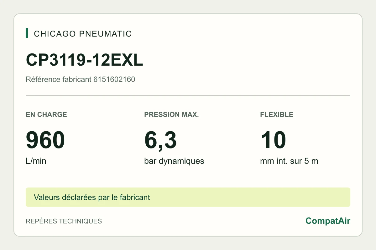 Repères techniques CP3119-12EXL : 960 L/min en charge, 6,3 bar, flexible 10 mm