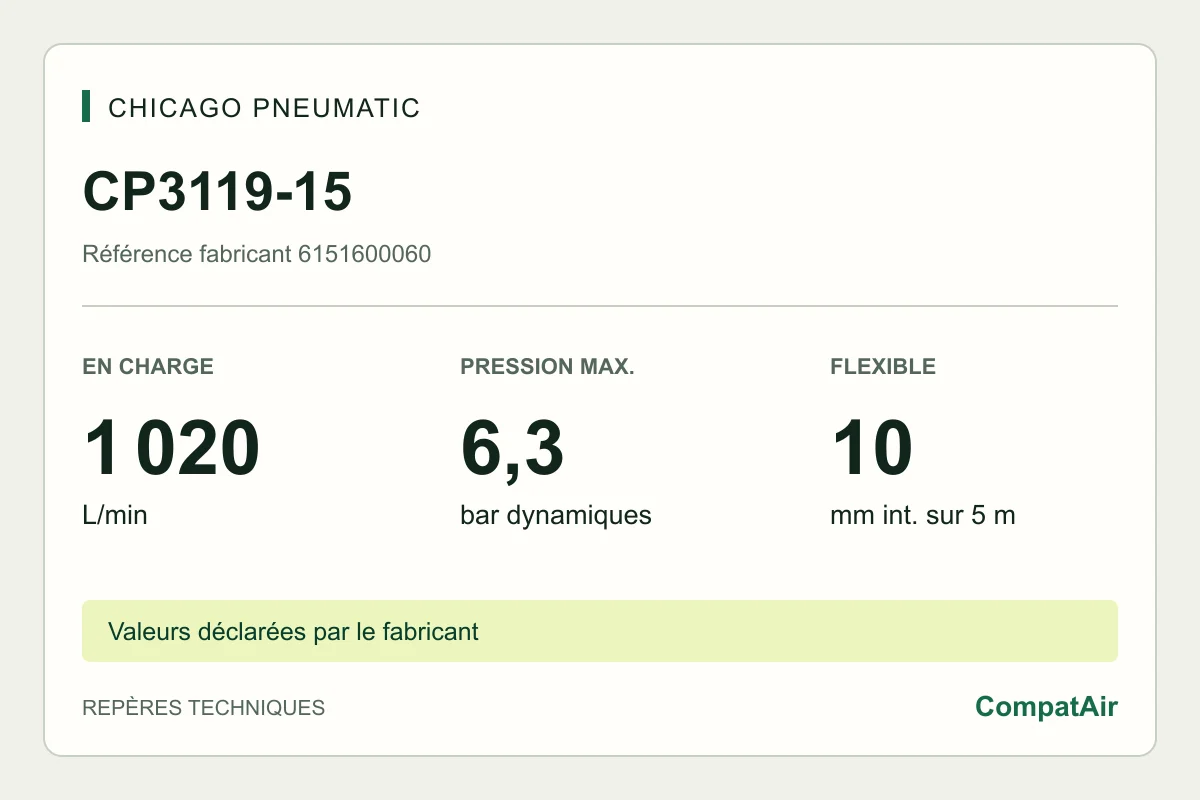 Repères techniques CP3119-15 : 1 020 L/min en charge, 6,3 bar, flexible 10 mm