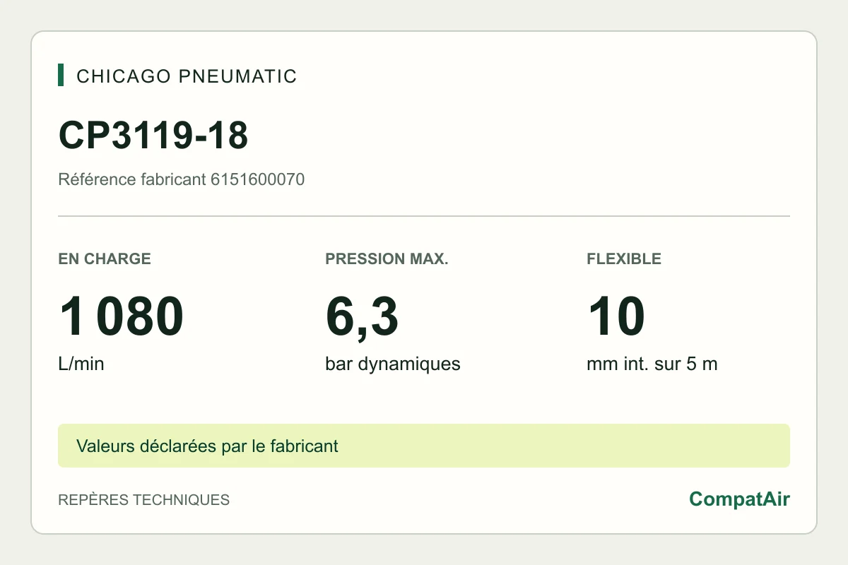 Repères techniques CP3119-18 : 1 080 L/min en charge, 6,3 bar, flexible 10 mm