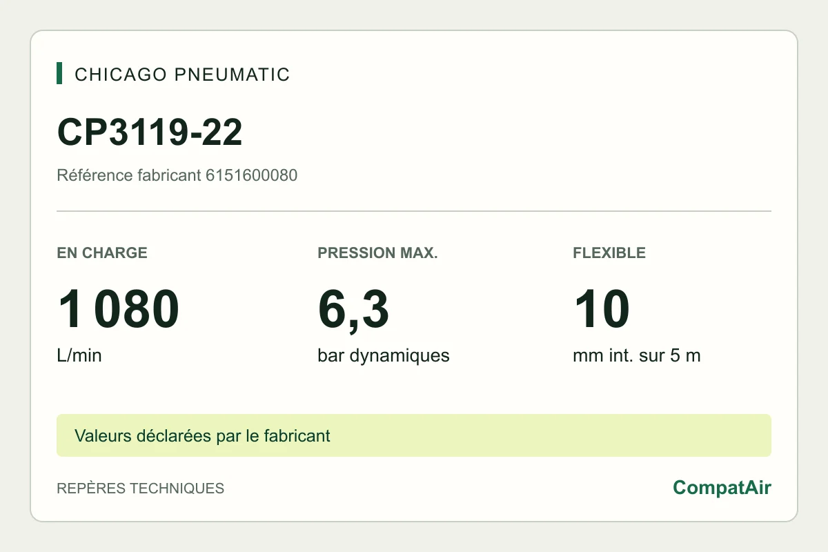 Repères techniques CP3119-22 : 1 080 L/min en charge, 6,3 bar, flexible 10 mm