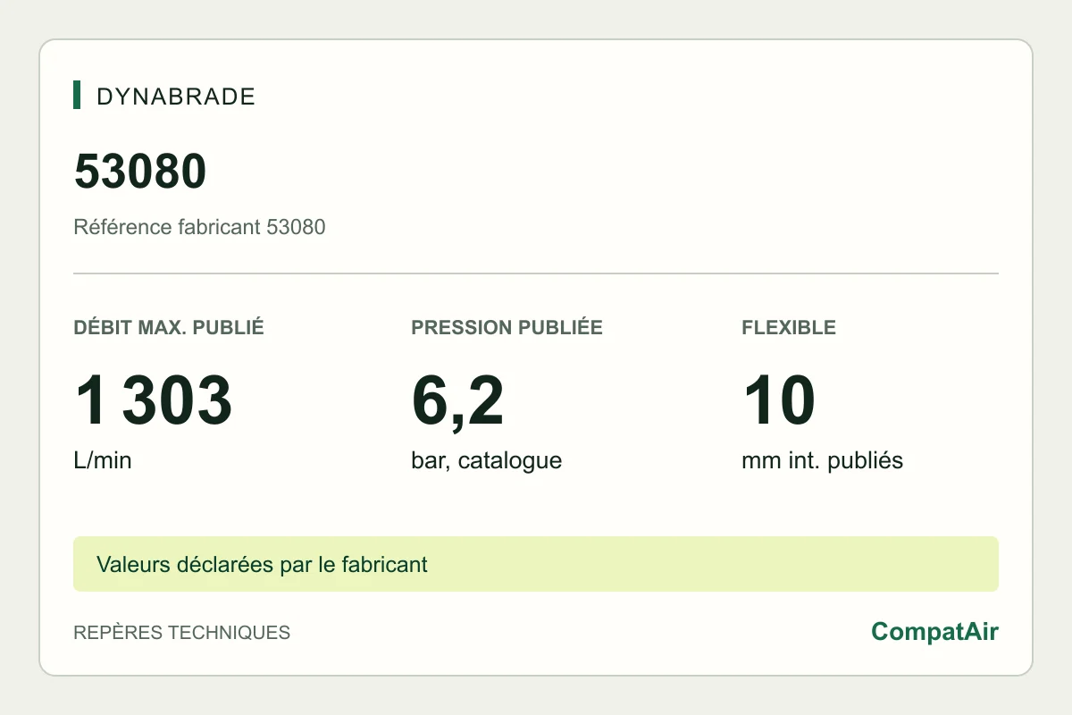 Repères techniques Dynabrade 53080 : consommation maximale publiée de 1 303 L/min à 6,2 bar