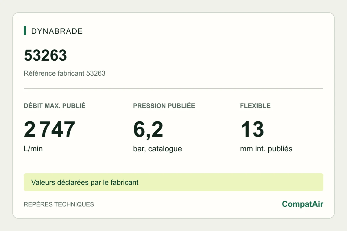 Repères techniques Dynabrade 53263 : consommation maximale publiée de 2 747 L/min à 6,2 bar