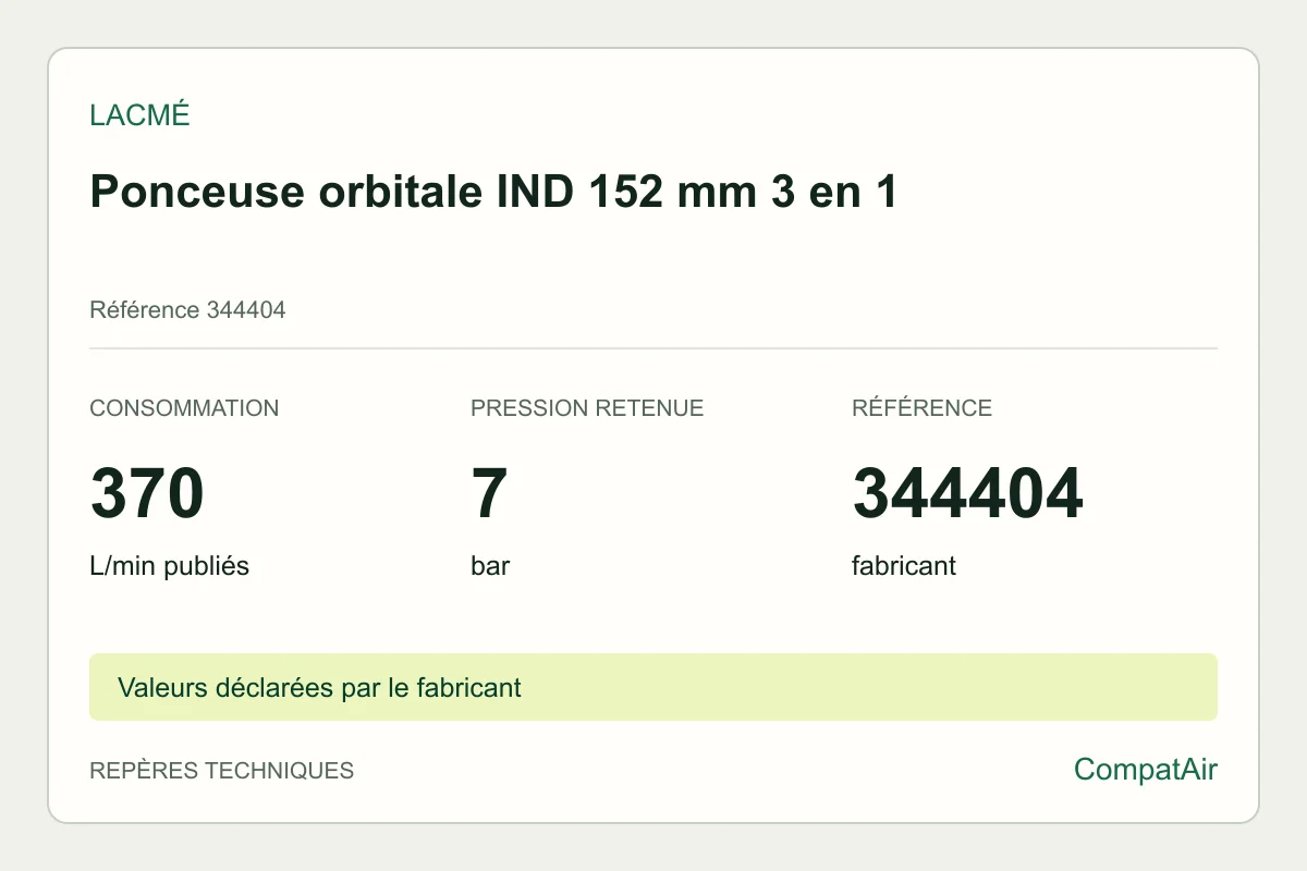 Repères techniques Lacmé Ponceuse orbitale IND 152 mm 3 en 1, référence 344404