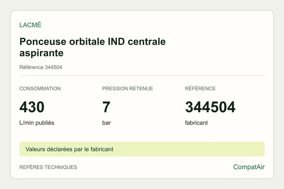 Repères techniques Lacmé Ponceuse orbitale IND centrale aspirante, référence 344504